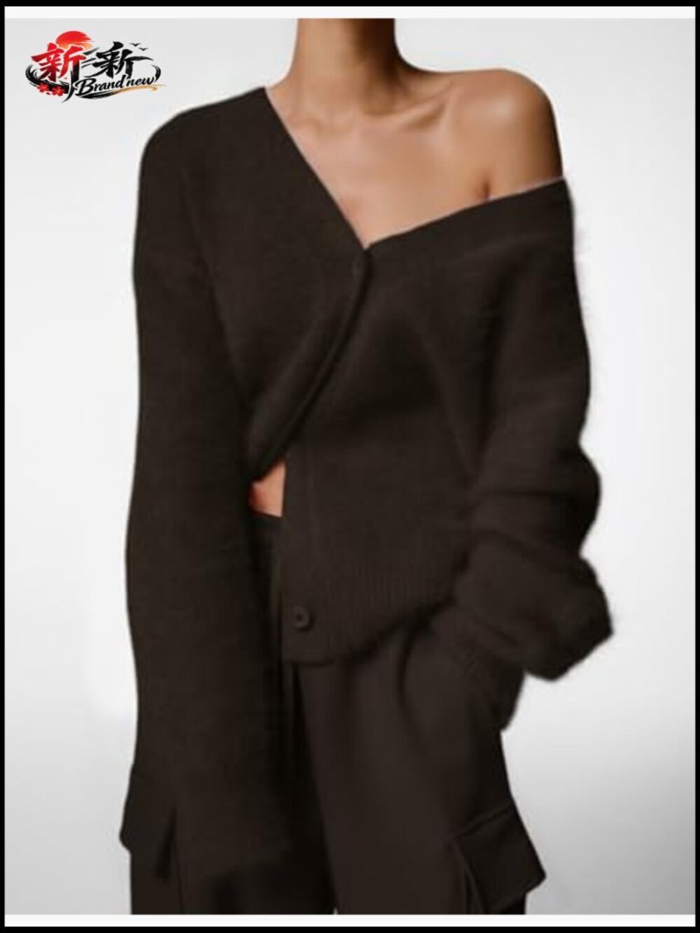 V Neck Fuzzy Knit Cardigan Sweater Button Down Slouchy Long Sleeve - Picture 5 of 7